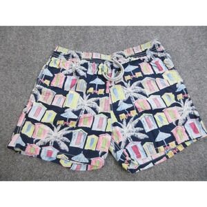 Vilebrequin Swim Trunks Mens XXL Navy Tropical Palm Beach Huts Drawstring Mesh